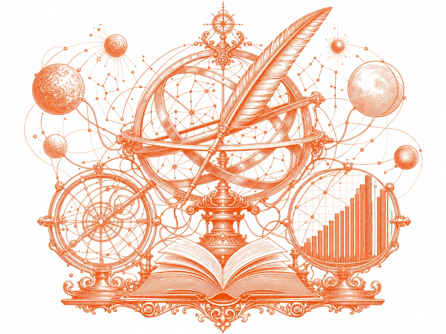 An engraved armillary instrument made from a quill, open book, constellations, and rising measures