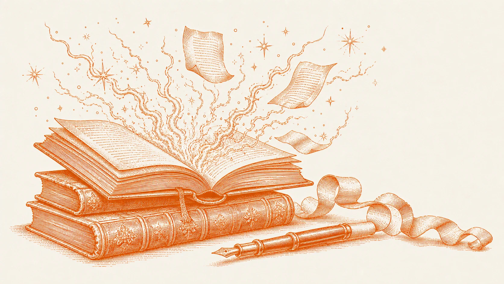 An open engraved book releasing pages, stars, and energetic lines