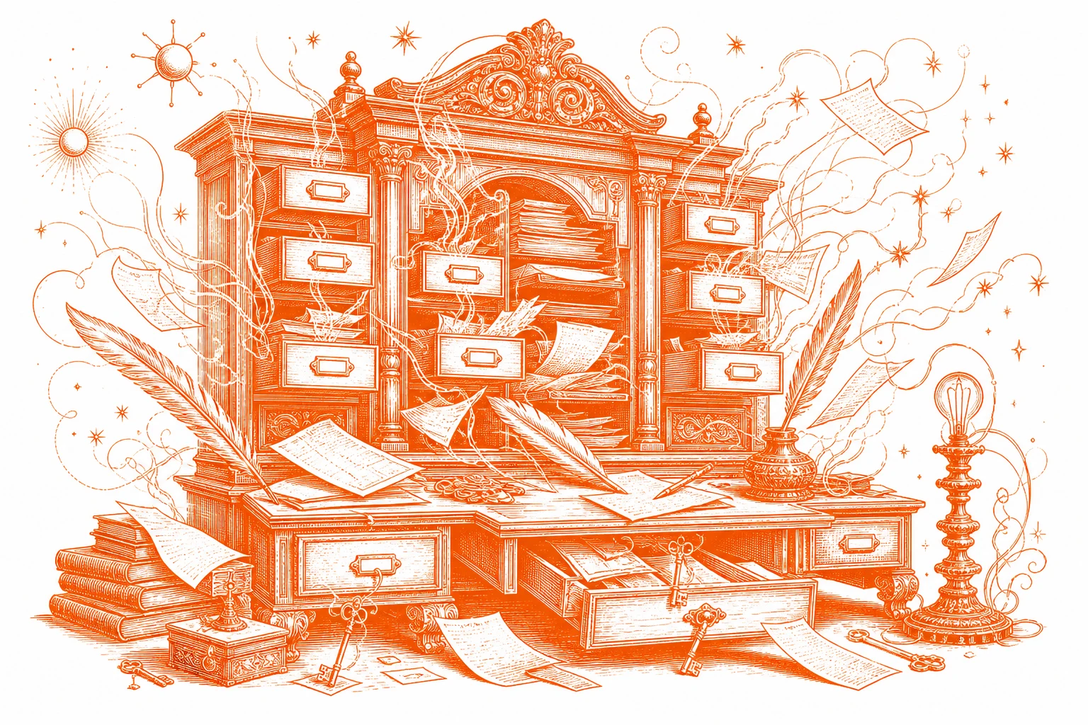 An engraved archive cabinet overflowing with rediscovered pages, keys, stars, and electrical filaments
