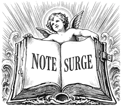 Notey imagined as an angelic cherub seated on an open book beneath a radiant moon