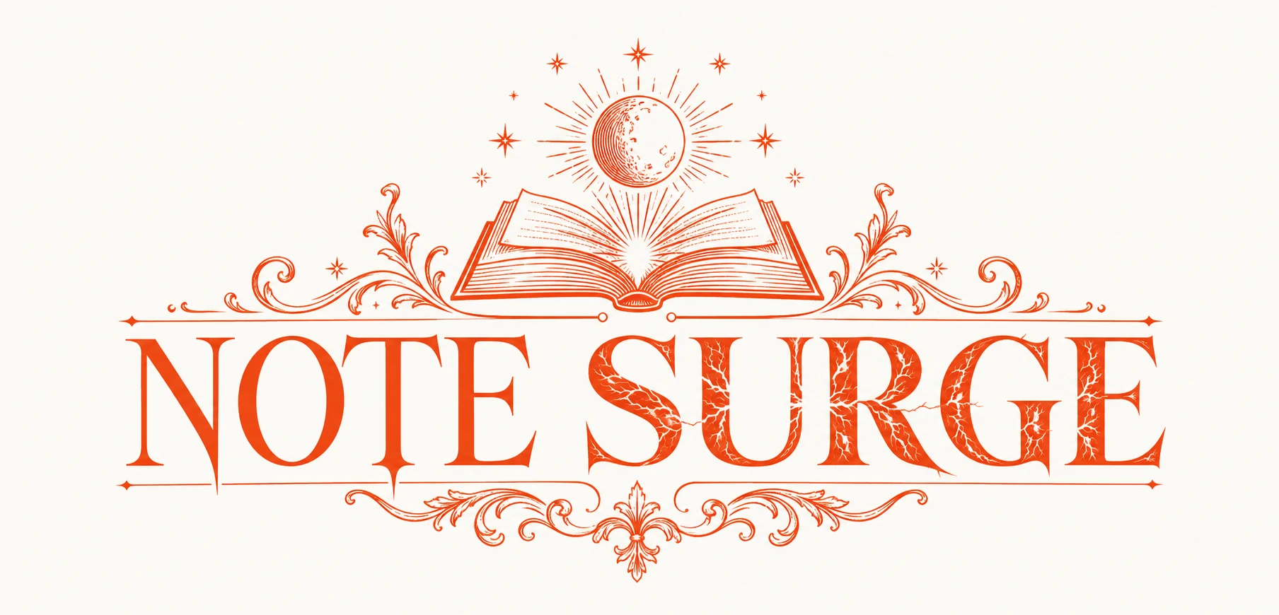 NoteSurge wordmark beneath an open book and moon, with electrical veins surging from within the word SURGE